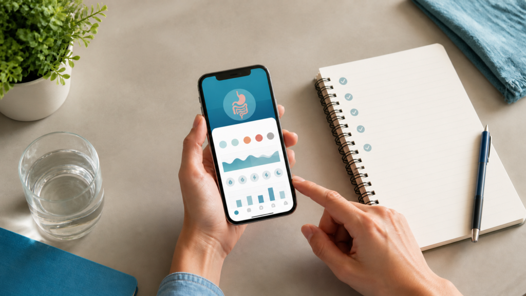 Person using a digestive health symptom tracker app beside a paper checklist